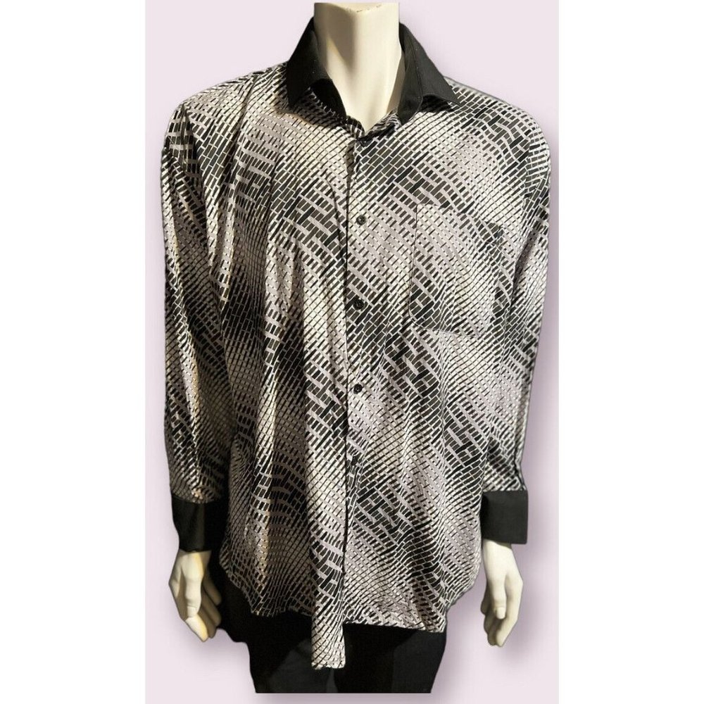 Fratello Men's 18.5/34-35 Long Sleeve French Cuff Shirt Black/White Pattern